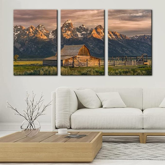 Pacimo Country Paintings for Wall Grand Canyon Picture Art Nature Landscape Artwork 3 Pieces Log Cabin Modern Wall Art Giclee Home Decorations for Living Room Framed Ready to Hang - 16"x24"x3 Panels
