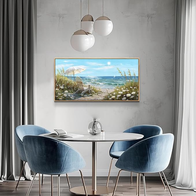 ERQINHUA Large Wall Decor For Living Room Canvas Wall Art For Restaurant Office Decorations Blue Sea Ocean Paintings Beach Chair Wall Pictures Modern Home Decor Ready To Hang Wood Framed 20x40 In