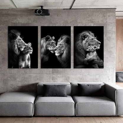 Black and White Lion Canvas Wall Art 3 Panels Posters Prints Art Modern Wild Animals Pictures Wall Decor Living Room Bedroom Office Decor, Framed 20 W x 28" H x 3pcs