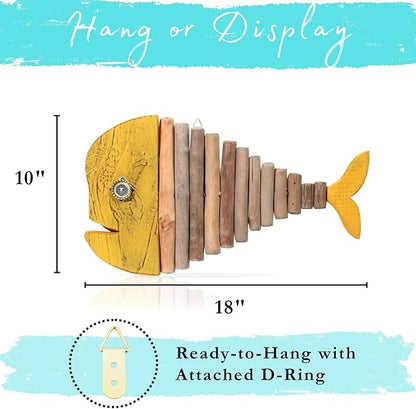 Driftwood Fish Nautical Wall Decor - Handmade Wooden Rustic Coastal Wall Art for Living Room, Bedroom, Office, Bathroom - Ocean Beach Decoration (Goldie)