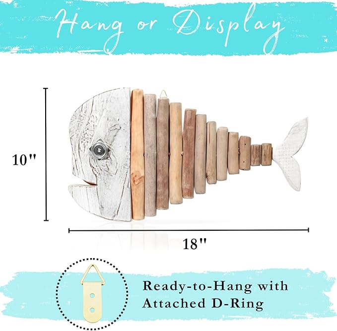 Driftwood Fish Nautical Wall Decor - Handmade Wooden Rustic Coastal Wall Art for Living Room, Bedroom, Office, Bathroom - Ocean Beach Decoration (Crystal)