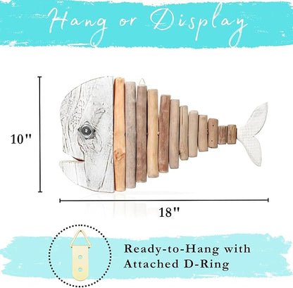 Driftwood Fish Nautical Wall Decor - Handmade Wooden Rustic Coastal Wall Art for Living Room, Bedroom, Office, Bathroom - Ocean Beach Decoration (Crystal)