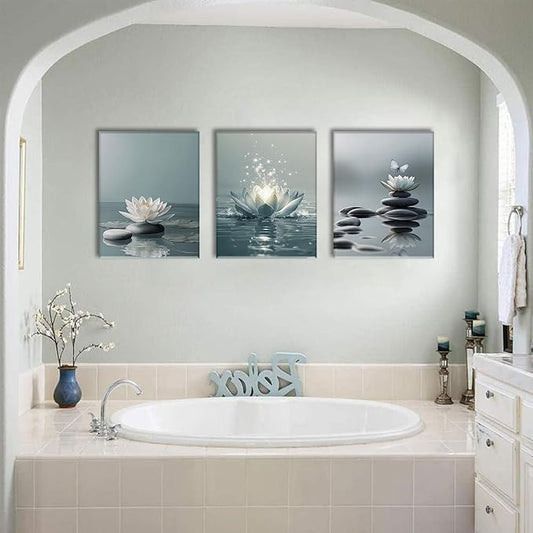 AOYUSMO 3 Piece Lotus Flower Wall Art Zen Bathroom Wall Decor Spiritual Canvas Art Yoga Room Pictures Meditation Paintings Spa Artwork For Living Room Bedroom