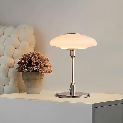 Table Lamp, Metal and Glass Modern Bedside Lamp, Decorative Table Light, Table Lamp for Living Room Bedroom Study Room, 12.6 * 16.5 Inch, Chrome & White