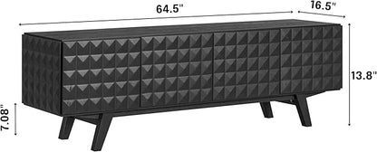 NTC Sapa Mid-Century Modern Solid Wood TV Stand 4-Door Media Console with Carved Geometric Fronts for TVs up to 75", Effortless Assembly, Burnt Black