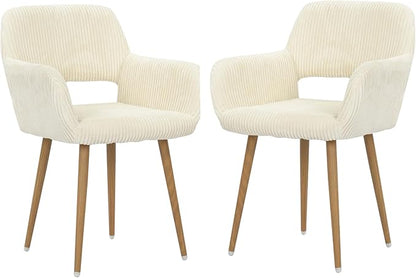 KCC Small Modern Dining Room Arm Chairs Set of 2, Mid-Century Upholstered Corduroy Fabric Side Seat Club Guest with Metal Tube Legs for Kitchen, Living Room, Beige