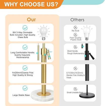 Qingmiao Modern Floor Lamp for Living Room, Adjustable Height Standing Lamp with Marble Base, Gold Tall Pole Light with Linen Shade for Reading Bedroom, Chain Switch, 8W 3-Way Dimmable Bulb Included