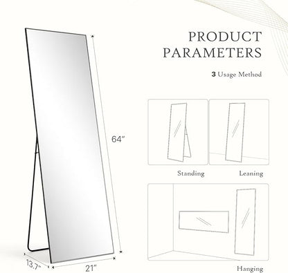 Mirror Full Length, Upgraded 21"x64" Body Wall Mirrors with Shatter-Proof Glass, Floor Standing, Hanging or Leaning, Tall Mirror with Stand Aluminum Alloy Frame for Bedroom, Black