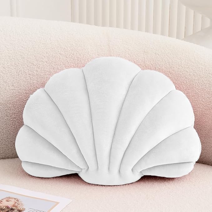 XIAIJIA Seashell Decorative Pillow Shell Shaped Throw Pillow 3D Insert Beach Pillow Soft Velvet Pillow Sea Ocean Decoration Couch Bed Pillow Cushions(White,18 X 13 inch)