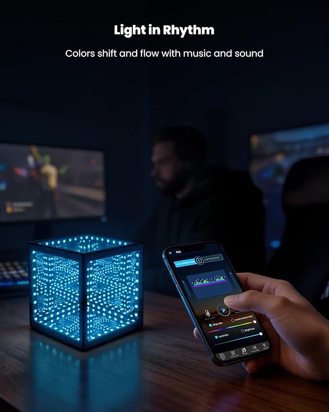 Nobiggie Infinity Mirror Cube Ambient Lighting, 3D Deep Space RGB LED Mood Light with Music Rhythm Sync, Futuristic Hypercube Decor for Home, Bedroom & Living Room (Space Black, Plus - 6 Inch)