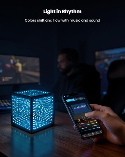 Nobiggie Infinity Mirror Cube Ambient Lighting, 3D Deep Space RGB LED Mood Light with Music Rhythm Sync, Futuristic Hypercube Decor for Home, Bedroom & Living Room (Space Black, Plus - 6 Inch)