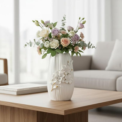 White Ceramic Vase - 9 Inch 3D Modern Vase for Centerpieces, Minimalist Decorative Vases Home Decor, Bathroom, Shelf, Kitchen, Living Room, Table Decor