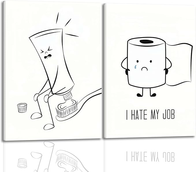 Framed Funny Bathroom Wall Art Set of 2,Black and White Cartoon Toilet Humor Canvas Prints,Cute Toothpaste and Toilet Paper Painting Pictures,Modern Minimalist Bathroom Decor for Home Restroom 12x16IN