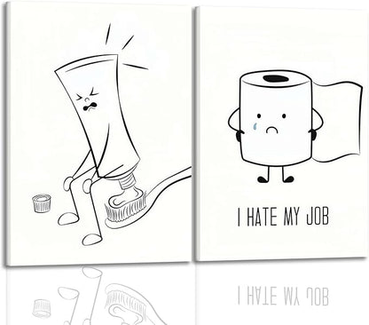 Framed Funny Bathroom Wall Art Set of 2,Black and White Cartoon Toilet Humor Canvas Prints,Cute Toothpaste and Toilet Paper Painting Pictures,Modern Minimalist Bathroom Decor for Home Restroom 12x16IN