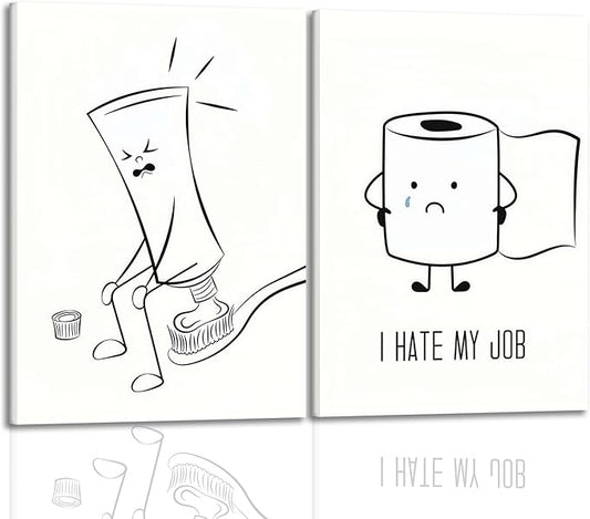 Framed Funny Bathroom Wall Art Set of 2,Black and White Cartoon Toilet Humor Canvas Prints,Cute Toothpaste and Toilet Paper Painting Pictures,Modern Minimalist Bathroom Decor for Home Restroom 12x16IN