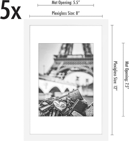 Americanflat 8x12 Picture Frame with Polished Plexiglass - Set of 5 - Use as 6x8 Frame with Mat or Display 8x12 Photo Without Mat - Galleria Collection - Picture Frames for Wall Display - White