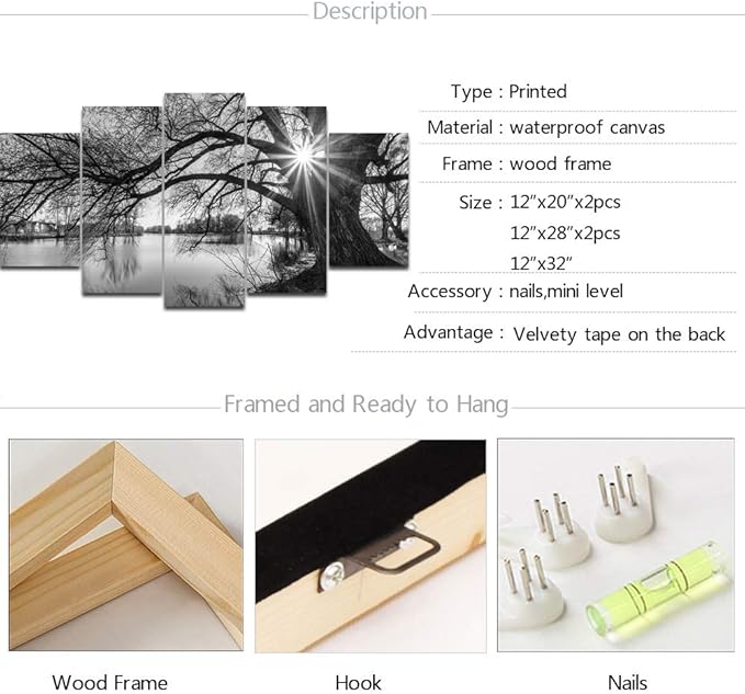 sechars - 5 Pieces Wall Art Old Tree by Lake Picture Canvas Prints Sunrise Painting Black and White Landscape Canvas Art Modern Wall Decoration Framed and Ready to Hang