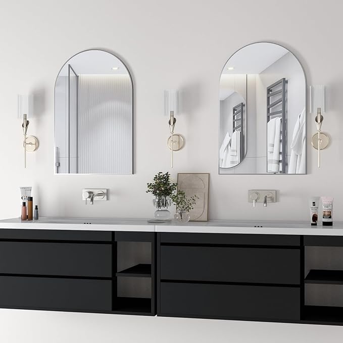 Wall Mounted Mirror, Arched Wall Mirror for Bathroom, 20"x30" Arch Bathroom Mirror with Metal Frame, 2 Pieces Silver Vanity Mirror Decor for Mantle, Bedroom, Entryway