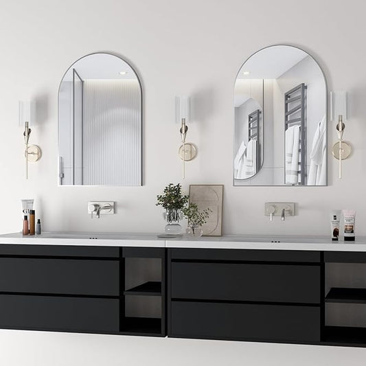 Wall Mounted Mirror, Arched Wall Mirror for Bathroom, 20"x30" Arch Bathroom Mirror with Metal Frame, 2 Pieces Silver Vanity Mirror Decor for Mantle, Bedroom, Entryway