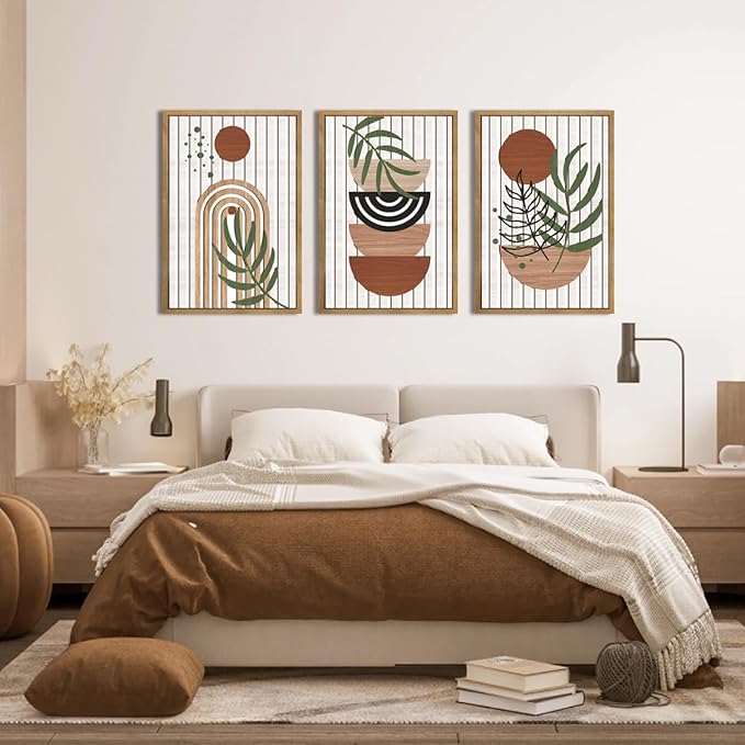 DRACIT Large Boho Mid century Wood Framed Canvas Wall Art Set,Modern Neutral Bohemian Wooden Wall Decor,Minimalist Abstract Geometric Leaf Wall Sculptures for Living Room,Bedroom,Office-16 x24×3