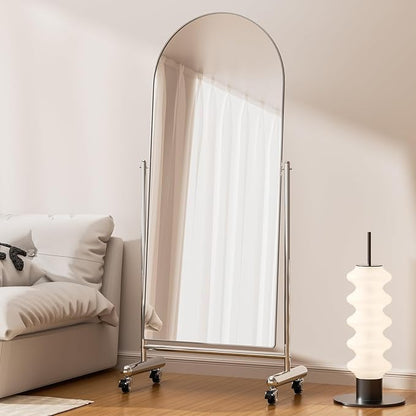 Large Arched Full Length Mirror on Wheels, Rolling Tilting Swivel Floor Mirror 65" x 23" with Tempered Glass and Metal Frame, Modern Dressing Mirror Body Mirror, Home Decor,Silver