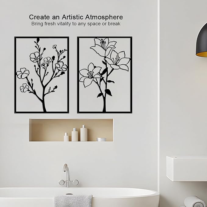 ZNZAPO 4 Pcs Large Black Metal Flower Wall Art, Abstract Line Art Wall Decor, Minimalist Floral Wall Hanging Art, 3d Wall Art Sculptures Decor for Living Room Bedroom Bathroom (15.7 × 22.5”)