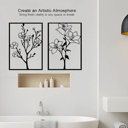 ZNZAPO 4 Pcs Large Black Metal Flower Wall Art, Abstract Line Art Wall Decor, Minimalist Floral Wall Hanging Art, 3d Wall Art Sculptures Decor for Living Room Bedroom Bathroom (15.7 × 22.5”)