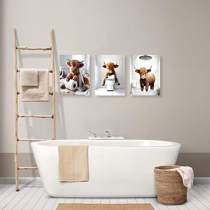 Westen Bathroom Decor Wall Art Framed,Funny Highland Cow Wall Art,Western Bathroom Decor Sign,Farmhouse Cow Pictures for Bedroom Office Restroom,12"x16",Framed