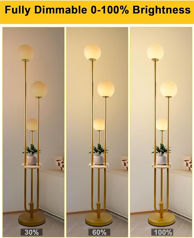 Lightdot 63IN Dimmable Gold Floor Lamp with Shelf Mid Century Standing Lamps with 3000K Bulbs Included Modern Globe Floor Lamp with 5Lbs Heavy Base for Living Room/Party/Sofa Beside/Corner Decor