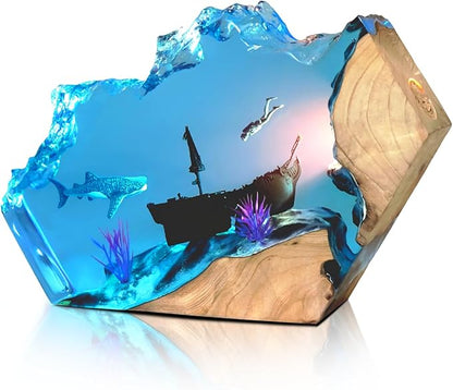 Epoxy Resin Lamp, Ocean Night Light,Artistry Home Decor Bedside Nightlight, Unique Resin Lighting, Nightstand Decorations for Bedroom, Suitable for Holidays(Sunken Boat)