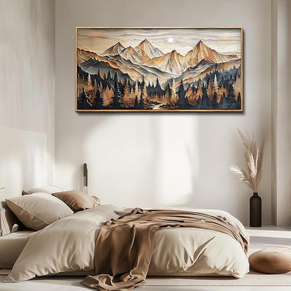 QIYILEXWART Wood Farmed Large Wall Decor For Living Room Canvas Wall Art For Office Modern Wall Decorations For Bedroom Mountain Landscape Painting Abstract Pictures Artwork Room Home Decor 24x48 In