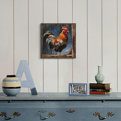 Vintage Rooster Wall Art Decor: Farmhouse Animal Picture Country Chicken Framed Artwork Farm Cock Painting is the Perfect Combination of Energy Nature for the Kitchen Country House Living Room 12"x12"