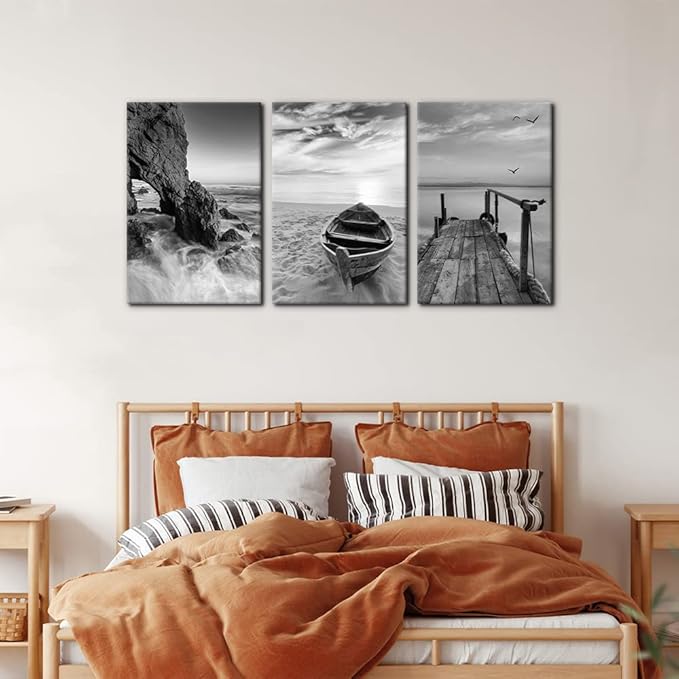 Pacimo 3 Panels Set Framed Canvas Wall Art Print for Seascape Beach and Boat Sunrise Scenery Black and White Giclee Canvas Print Modern Artwork for Wall Decor Ready to Hang - 16"x24"x3 Panels