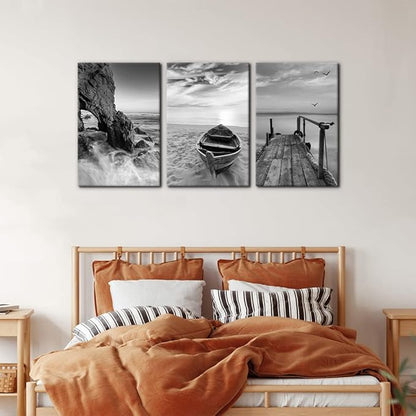 Pacimo 3 Panels Set Framed Canvas Wall Art Print for Seascape Beach and Boat Sunrise Scenery Black and White Giclee Canvas Print Modern Artwork for Wall Decor Ready to Hang - 16"x24"x3 Panels