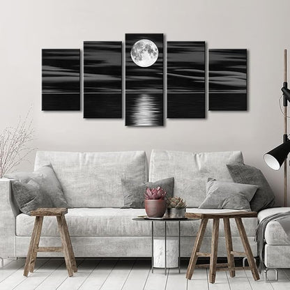 Wieco Art Sea White Full Moon in Night Canvas Print Wall Art Black and White Ocean Beach for Living Room Bedroom Kitchen Home Decorations 5 Piece Modern Abstract Artwork