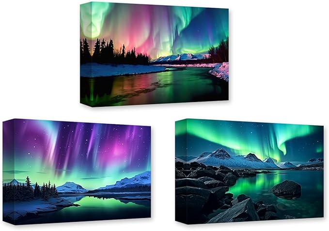 CCWACPP Aurora Borealis Canvas Wall Art 3 Panels Northern Lights Wall Decor Forest Lakes Snow Mountain Pictures Print Decor Frame (Aurora Borealis - 3, 20x28inchx3Pcs)