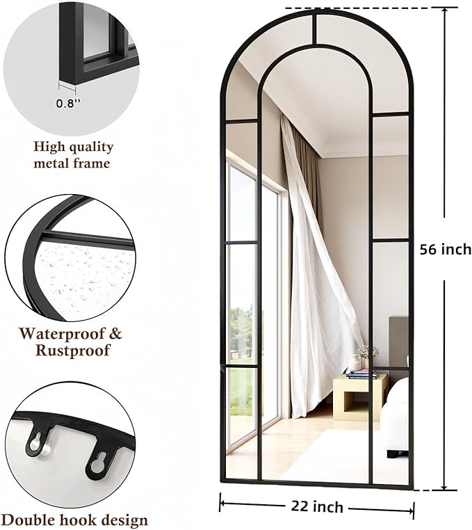 Prywot Full Length Mirror, 56"x22" Arched Window Pane Mirrors for Wall Decor, Black Full Body or Wall Mounted Mirrors, Farmhouse Standing Mirror Hanging or Leaning for Living Room, Entryway, No Stand