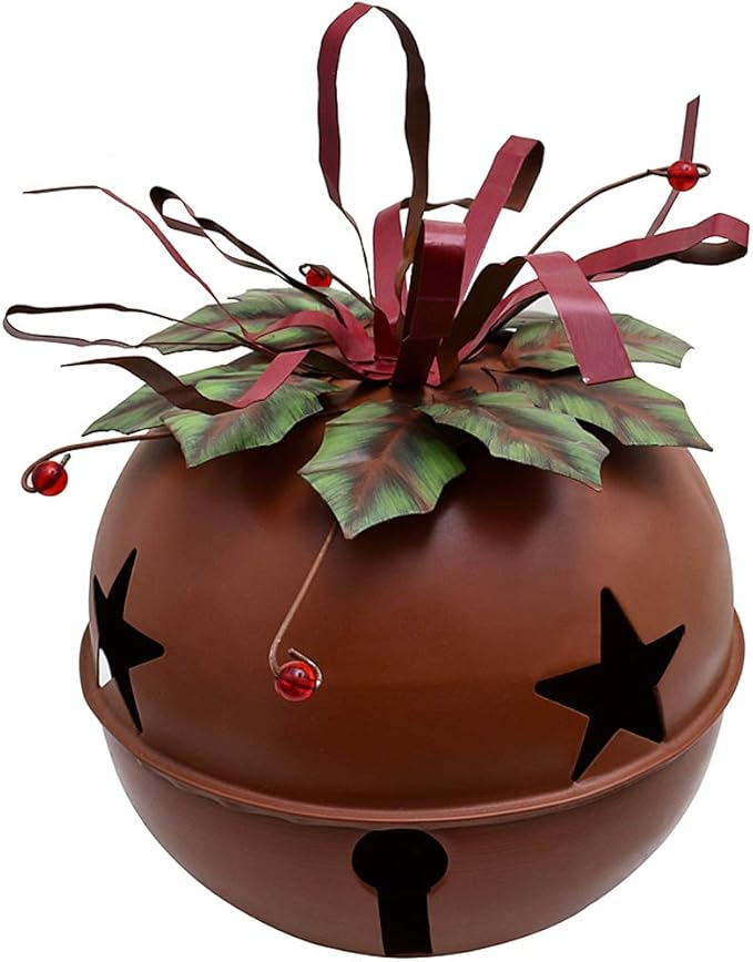 Attraction Design Large Rustic Red Christmas Jingle Bell Decoration, 8.5 X 8.5 Inch Metal Star Cutout Hanging Ornament