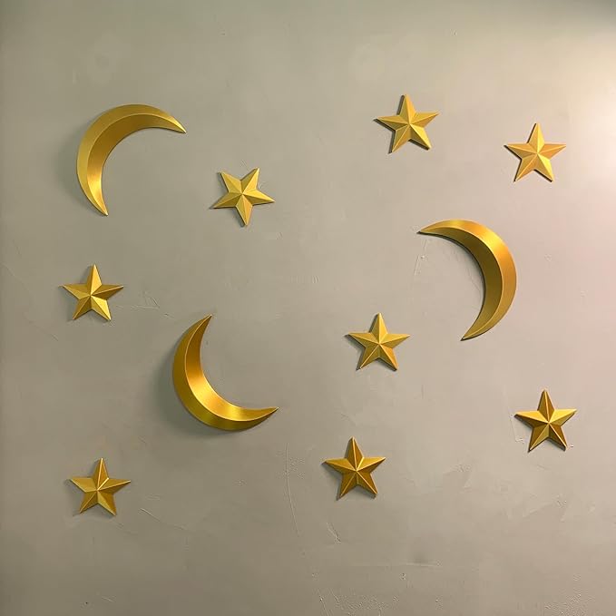 MidModArt 14PCS Mid Century Modern 3D Star Wall Art Gold Retro Starburst Sculptures Vintage Celestial Home Decor, Gold Moon-Combo