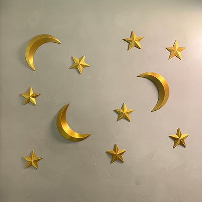 MidModArt 14PCS Mid Century Modern 3D Star Wall Art Gold Retro Starburst Sculptures Vintage Celestial Home Decor, Gold Moon-Combo