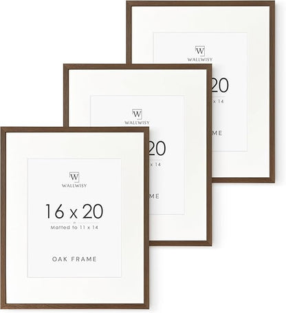 16x20 Picture Frame, 16x20 Solid Oak Picture Frame with Mat, 20x16 Natural Wood Frame for Wall Art Photo, (Walnut Set of 3)