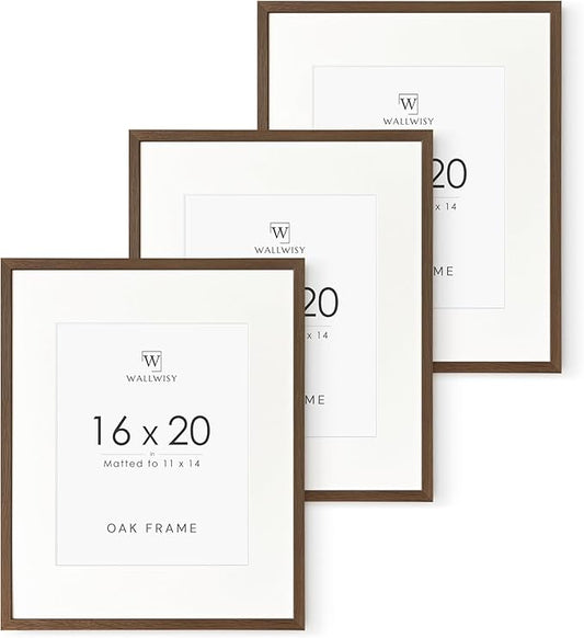 16x20 Picture Frame, 16x20 Solid Oak Picture Frame with Mat, 20x16 Natural Wood Frame for Wall Art Photo, (Walnut Set of 3)