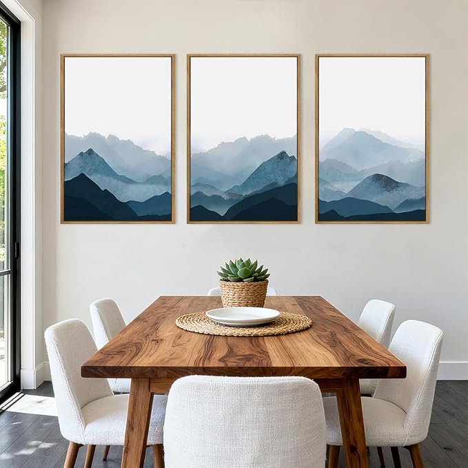 BINCUE Large Blue Mountain Wall Art Fog Blue Ridge Mountains Artwork Framed Minimalist Mountains Wall Decor Simple Mountain Art Print Landscape Artwork for Living Room Bedroom Office Farmhouse 24x36 Inch Set of 3 Gift