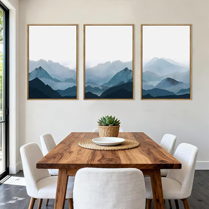 BINCUE Large Blue Mountain Wall Art Fog Blue Ridge Mountains Artwork Framed Minimalist Mountains Wall Decor Simple Mountain Art Print Landscape Artwork for Living Room Bedroom Office Farmhouse 24x36 Inch Set of 3 Gift