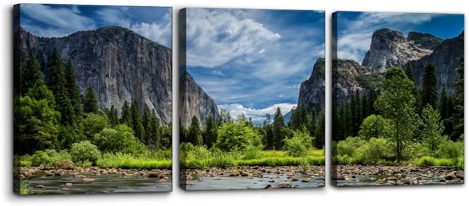 Pacimo 3 Pieces Green Wall Art Painting Yosemite National Park Clear Water Lake Mountain Trees Rocks Pictures Prints On Canvas Landscape Wall Decor for Home Modern Decoration Print - 12"x16"x3 Panel