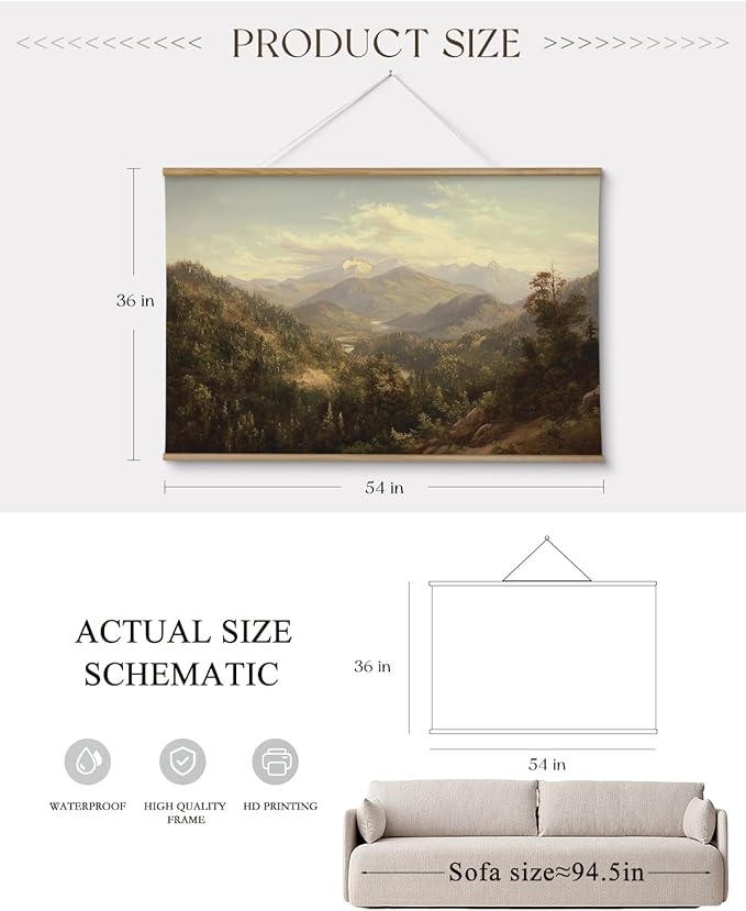 ARPEOTCY Extra Large Vintage Framed Wall Art, 36x54 Inch Mountain Mist Forest Landscape Hanging Canvas Prints Scroll Wall Art Decor for Living Room Bedroom, Retro Scenery Pictures Above of Bed