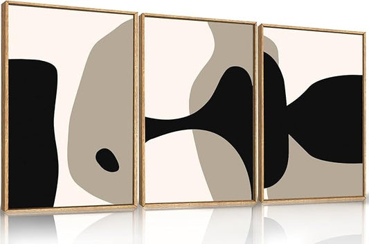 DRACIT Large Neutral Abstract Lines Framed Canvas Wall Art Set,Minimalist Black Beige Brown Wall Decor,Modern Mid Century Geometric Blocks Artwork for Living Room,Bedroom,Office-16 x24 x3
