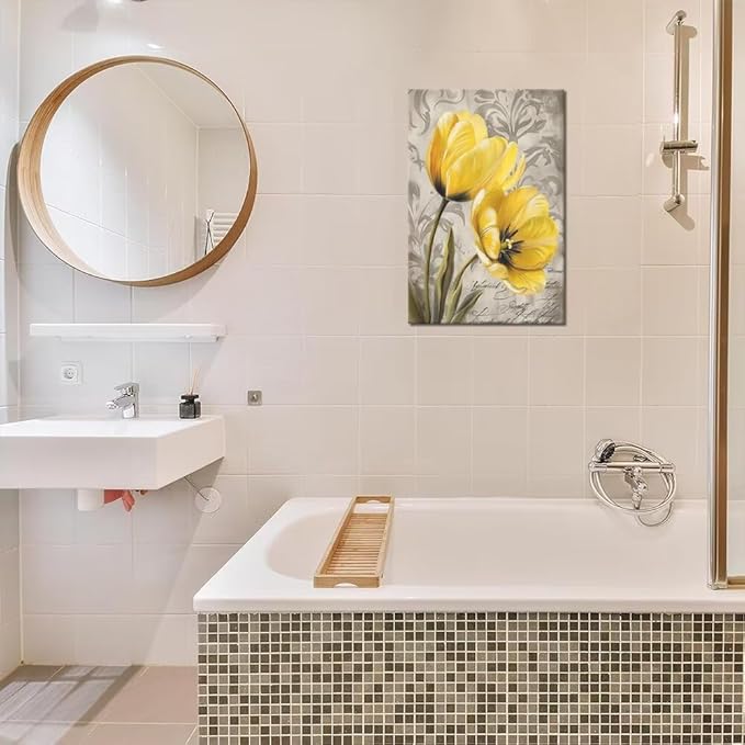 Wall HDQ Tulip Decorative Painting for Bathroom Bedroom Living Room Office Home Decor Abstract Yellow Flowers Pictures Canvas Print Framed