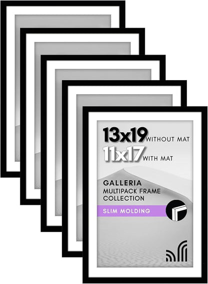 Americanflat 13x19 Picture Frame with Polished Plexiglass - Set of 5 - Use as 11x17 Frame with Mat - Galleria Collection - Picture Frames for Wall Display - Black