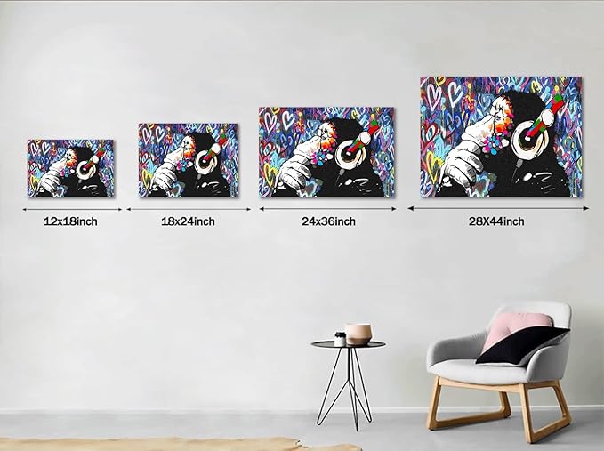 Monkey Graffiti Wall Art - Thinking Monkey Poster, Funny Picture, Painting Print on Canvas, Suitable for Home Wall Decor - Framed, Ready to Hang - 28x44inch